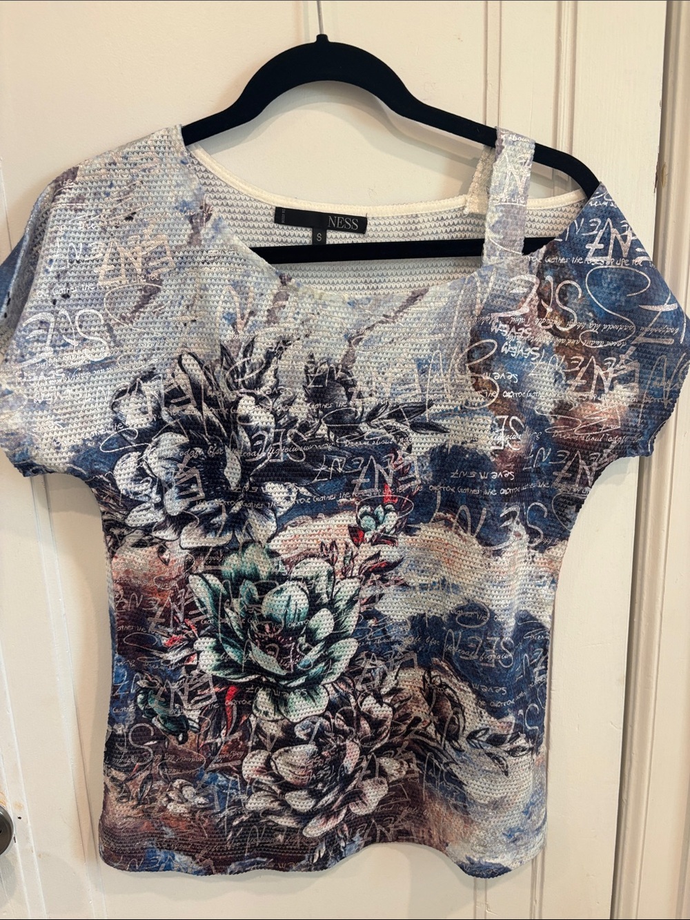 Ness Blue & Cream Floral Script Short Sleeve Tee